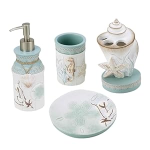 Avanti Linens – Accessory Set, Resin Tumbler, Toothbrush Holder, Soap Dish & Lotion Pump, Durable Bath Decor (Farmhouse Shell Collection)