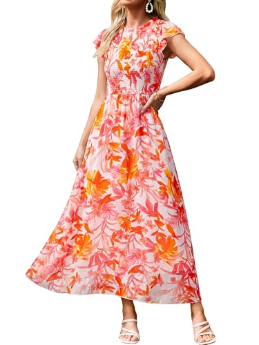 BerryGo Womens Summer Floral Chiffon Maxi Dress Smocked Mock Neck Western Modest Boho Dress Flowy Short Sleeve Wedding Guest Dress Beach Vacation Oange Pink M
