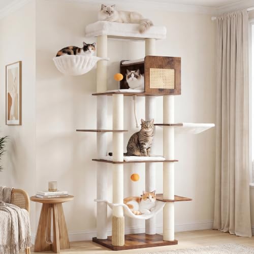 Image of Hey-brother Wooden Cat Tree Tower with Rattan Condo, Large Platform, 2 Cozy Hammocks, Basket, Self-Grooming Brush, 9 Full Sisal Scratching Posts for Indoor Adult Cats, 73 Inches, Rustic Brown MPJ122SR