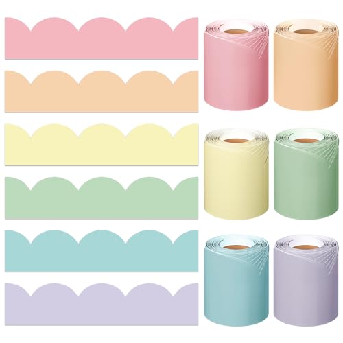 Fuutreo 6 rollos de borde de tablón de anuncios en colores pastel de 299 pies, borde festoneado colorido para pizarra de regreso a clases, pizarra blanca, decoración del hogar, pared y oficina