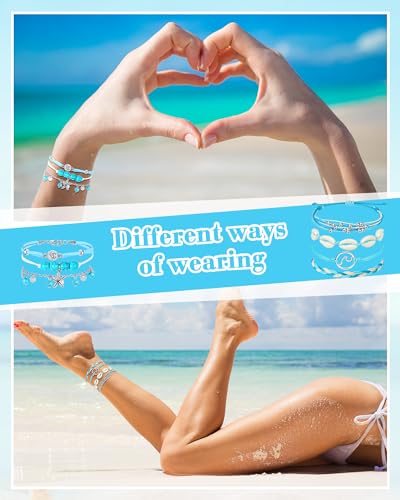 Image of Hicarer 21 PC Surfer Wave Friendship Bracelet Set Waterproof Adjustable Boho Beach String Anklets Bulk, Summer Gift for Women