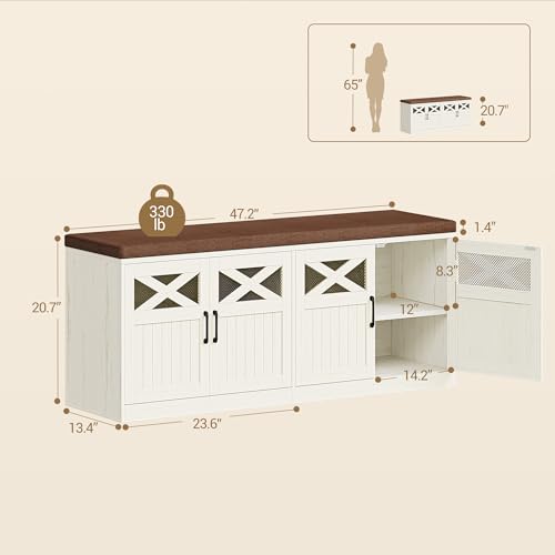 Hzuaneri 2 Tier Shoe Storage Bench with Doors, 47.2\" Farmhouse Shoe Bench with Padded Cushion, 12 Pairs of Bed End Bench, Entryway Bench with Storage for Bedroom, Living Room, Rustic White SB61214KA