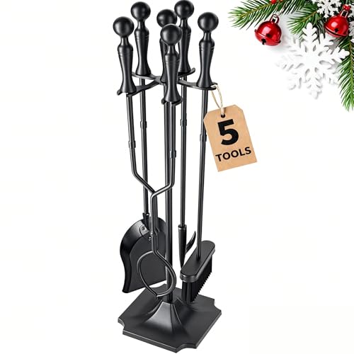 AMAGABELI Garden & Home 5 Pcs Fireplace Tools Set 31 Inch Indoor Handle Wrought Iron Large Fire Tool Accessories Set Holder Outdoor Fireset Fire Pit Stand with Poker Brush Shovel Tong