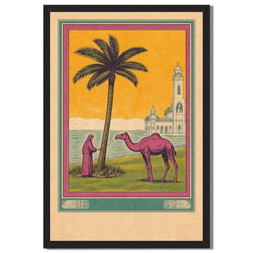 Framed Vintage Desert Scene Camel Poster Canvas Print Wall Art