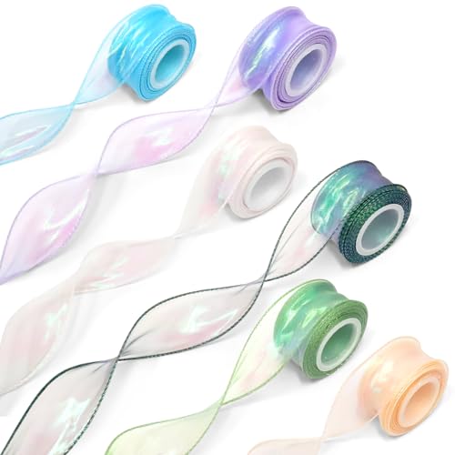 6 Rollos de 40 mm Cinta de Organza, Cinta Transparente, Blanco, Verde, Azul, Boda, Cinta de Organza Iridescente, Cinta Regalo Ancha, Gasa Para Decoración de Regalo Boda Invitaciones Ramo Artesanías