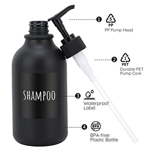 Image of Segbeauty Matte Black Shampoo Dispenser, 2pcs 16.9oz Empty Refillable Pump Bottle with Labels, 500ml Plastic Press Lotion Dispenser Bathroom Shower Containers for Conditioner Hand Wash Gel Dish Soap