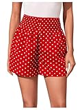 RoseSeek Women's Polka Dots Print Color Block Shorts Shirred Waistband Wide Leg Mini Shorts Red Large