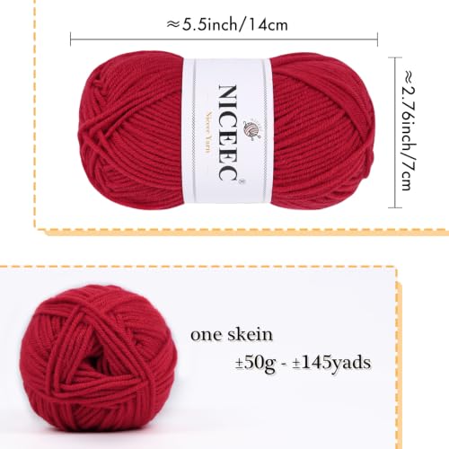 Image of NICEEC 300g Soft Assorted Colors Yarn - Sport Weight,100% Acrylic, 4 Ply, Bonbons Yarn for Crochet & Knit, DIY Project Starter Kit for Kids or Adults(Total 870yds) - Red51#