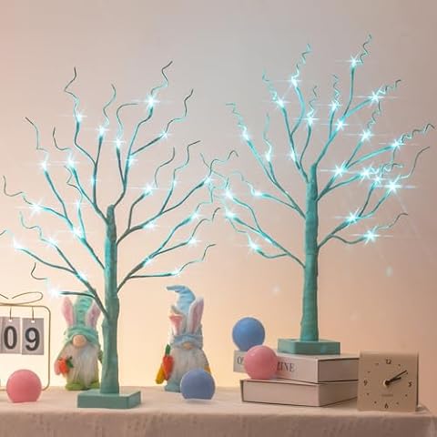 PEIDUO Blue-Green Trees Decor for Home, 2PK Tree Light Battery Powered Timer, Lighted Christmas Decorations Indoor, for Home Bedroom Living Room Fireplace Wedding Party New Year's Day and Christmas Cover