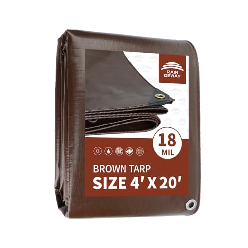 RAINDEWAY 4x20 Feet Super Heavy Duty 18 Mil Brown Poly Tarp Cover, UV Resistant, Weatherproof, Multipurpose Waterproof Poly Tarp with Grommets and Reinforced Edges