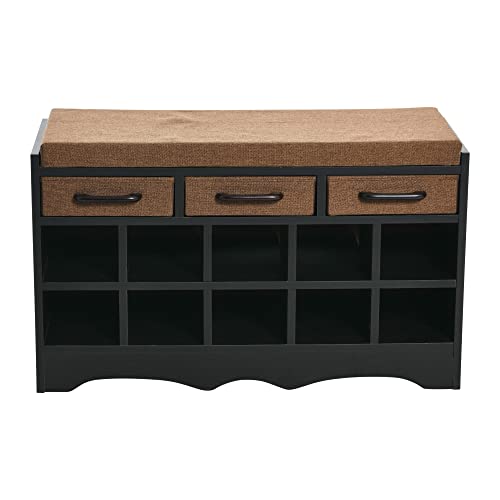 Household-Essentials-Entryway-Storage-Bench-with-3-Brown-Drawers-10-Shoe-Compartments-and-Cushioned-Seat-in-Black-Oak-Wood-Grain Household Essentials Entryway Storage Bench with 3 Brown Drawers 10 Shoe Compartments and Cushioned Seat in Black Oak Wood Grain