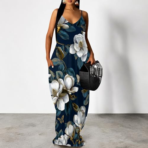 Image of Women's Summer Maxi Dress Spaghetti Strap Floral Boho Beach Long Sundress with Pockets