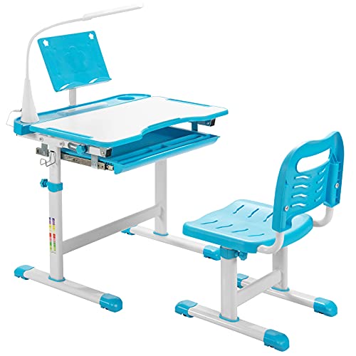 LIFEZEAL Escritorio Infantil Regulable, Juego de Mesa y Silla elevable para niños, pupitres Juvenil con luz de Lectura y Estante de lecturar, Set de Escritorio estudiantil para Aula, Escuela (Azul)