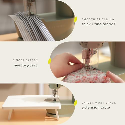Image of Hearth & Harbor Mini Sewing Machine for Beginners, Dual Speed Small Portable Sewing Machine for Kids and Adults with Extension Table, 122 Piece Gift Set Includes, Fabrics, Project Book and More, Green
