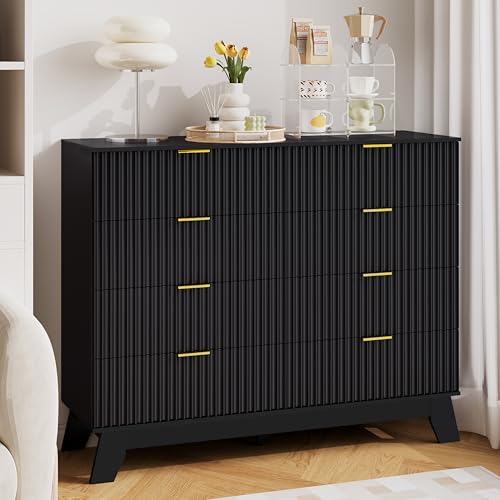 Image of HUANLEGO 48 inch W Tall Fluted Dresser for Bedroom with 8 Drawer, Black | Mid Century Modern Dresser for Closet, Anti-Tipping Design, Wooden Dressers & Chest of Drawers for Living Room, Home Office