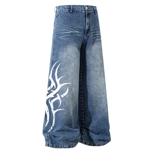 Baggy Jeans Men Casual Graphic Flame Flare Y2K Demin Pants Streetwear Loose Fit Parachute Wide Leg Jeans Men