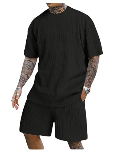 COZYEASE Men's 2 Piece Outfits Short Sleeve Crewneck Summer T Shirt and Drawstring Casual Track Shorts Set - Main Image