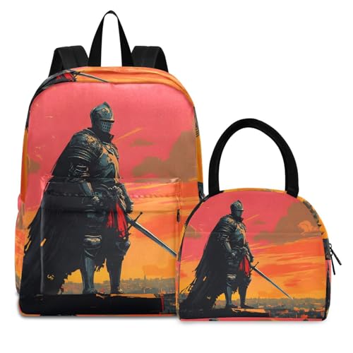 Backpack Lunch Bag Set Knight in Paris Print, Big Storage Travel Backpacks with Insulated Lunch Box for Office Hiking Picnic