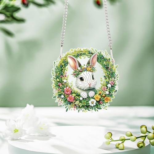Image of DIY 5D Diamond Painting Hanging Kit Wreath Bunny Design, Easter Diamond Art Pendant, Floral Diamond Mosaic Craft for Wall, Window, or Home Decor, Handmade Gift for Adults