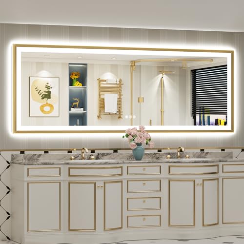 Image of 96x36 Gold Beveled LED Bathroom Mirror Backlit & Front Lit Anti-Fog | Brushed Gold Framed, Anti-Fog Lighted Vanity Mirror, Dimmable, 3-Color Light, Memory, CRI95, HD Tempered Glass, UL Listed