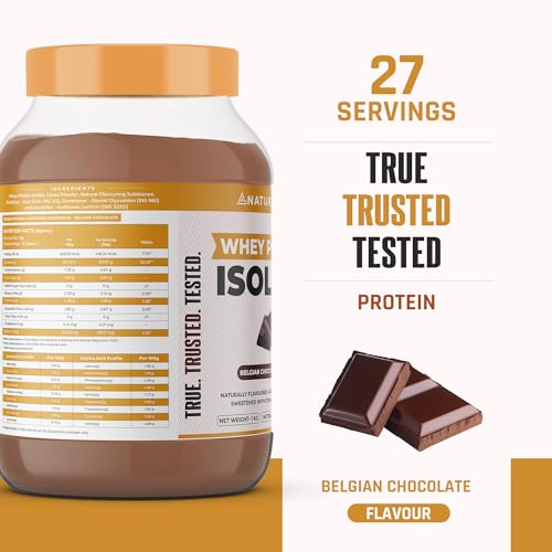 Image of NATURALTEIN Whey Protein Isolate - 30g Fast-Absorbing Protein per Serving | Belgian Chocolate Flavour | Stevia Sweetened | No Added Sugar | Ultra Low Fat | Lab-Tested | Gluten-Free | No Preservatives | 1 kg