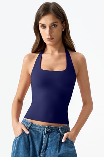 Image of QINSEN Womens Halter Top Double Lined Tank Top Sleeveless Open Back Slim fit Going Out Tops