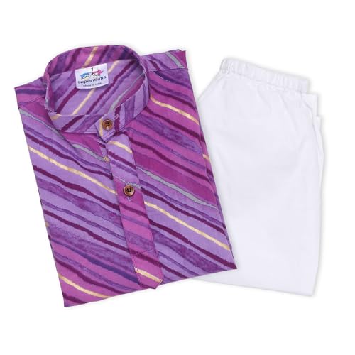 Image of superminis Cotton Boys Sanganeri Lehariya Printed Kurta Set with White Pyjama Elastic Closure