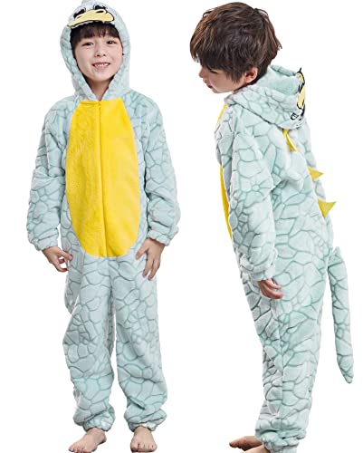 KIDSEPT Kinder Unisex Dinosaurier Kostüm Grün, Dino Tier Jumpsuit Flanell Strampler für Homewear 10-12 Jahre Cover