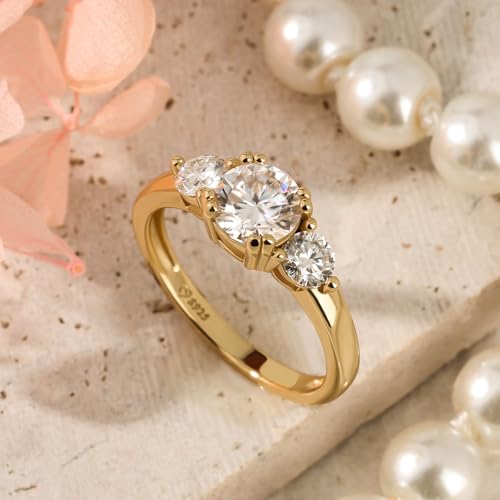 Image of Jeulia 1 Ct 3-Stone Moissanite Engagement Ring for Women, Round Cut Solitaire Promise Ring, 14K Gold Plated over Solid Sterling Silver, GRA Certificate, Promise Gift for Her