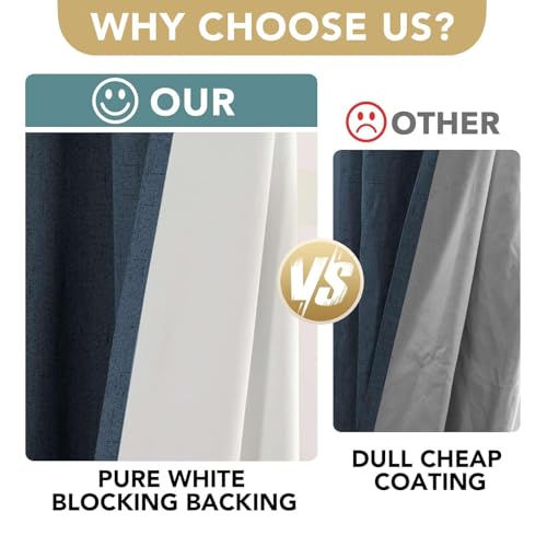 Image of H.VERSAILTEX Linen Curtains 100% Blackout Curtains for Bedroom 90 inch Long Full Light Blocking Nature Linen Blended Window Curtains for Living Room Nickel Grommet (2 Panels, Navy)