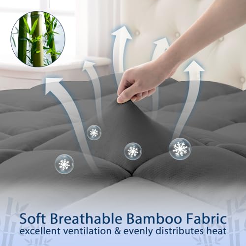 ELEMUSE Full Grey Cooling Bamboo Viscose Mattress Topper for Back Pain, Extra Thick Mattress Pad Cover, Plush Soft Pillowtop with Elastic Deep Pocket, Overfilled Down Alternative Filling