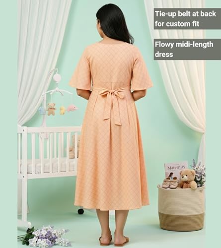 Image of DUMMY SHAPE Feeding Nighty | Maternity Dresses for Women Cotton Blend | Floral Pink Anarkali Kurta with Dual Nursing Zippers for Pregnancy & Breastfeeding | Gifts for Pregnant Women (