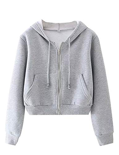Puwei Women's Casual Zip Up Drawstring Cropped Hoodie Hooded Crop Jacket Top With Pockets (1068-01Grey-Xl) #TOP11