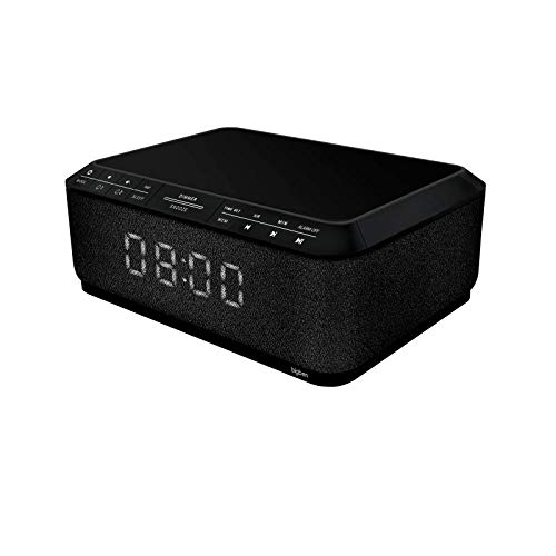Bigben Sound RR140INBT - Radio despertador (Bluetooth, 230 V, AUX-IN 3.5 mm, base de carga inalámbrica para el móvil, altavoz inalámbrico) negro