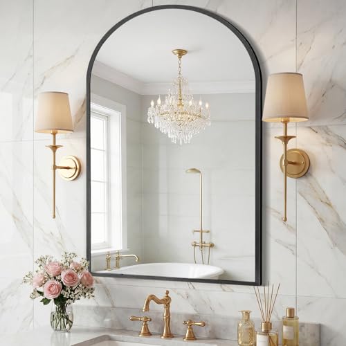 Image of Sweetcrispy 26 inchx38 inch Arched Black Bathroom Mirror, Bathroom Mirrors for Over Sink, Modern Wall Mirrors Arch Decorative for Entryway, Bedroom, Vanity,Horizontal or Vertical Hanging