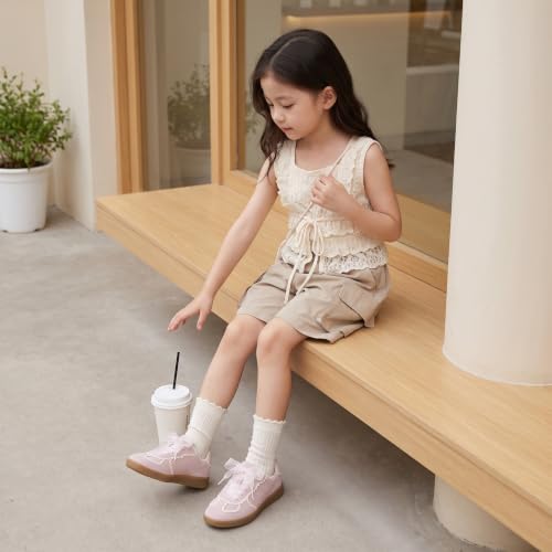 Image of CUSHIONAIRE Belinda Lace Detail Casual Sneakers for Girls - Ribbon Lace-Up Girls Shoes with Soft Cushion Support