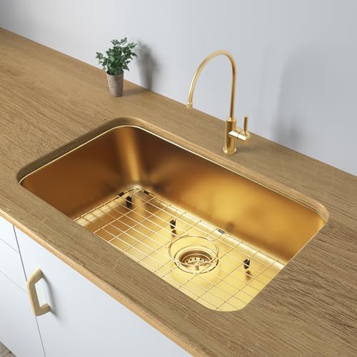 Image of Gold Kitchen Sink 30 Inch, SUS304 Stainless Steel Undemount Kitchen Sinks, 30 inch x 18 inch x 9 inch Large and Deep Single Bowl Kitchen Sinks With Grid and Sink Drain Assembly