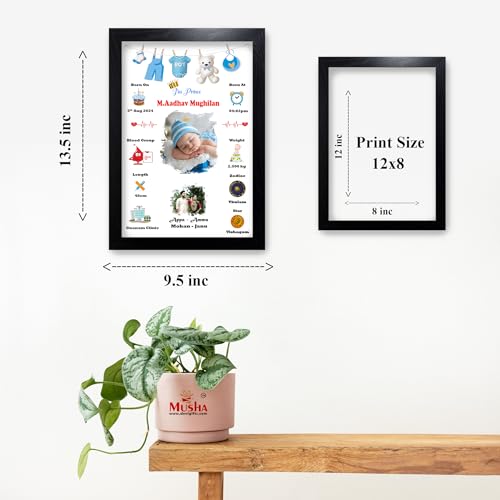 Image of MUSHA Celebrate Precious with Our Personalized Newborn Baby Birth Photo Frame - Birthday Gift for Girls & Boys - Wooden Frame(12 * 8, Boy)