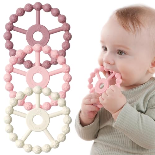 Paquete de 3 mordedores de anillo para bebé, esenciales para bebés, juguetes de silicona para la dentición para bebés de 0 a 6 meses, mordedores para niños de 6 a 12 meses, 12 a 24 meses, alivio de la