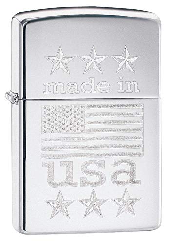 Zippo Made in USA with Flag Pocket Lighter, High Polish Chrome, One Size