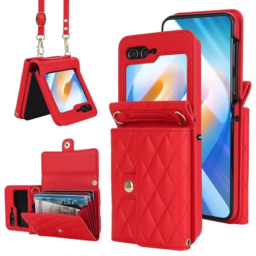 Coque en cuir Samsung Z Flip6 chic portefeuille rouge à bandoulière