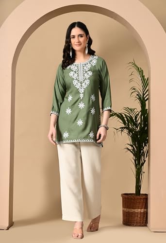 Image of LIBOZA Women's Chikankari Embroidered Short Kurti, Rayon Fabric, Three-Quarter Sleeves, Available in Pink, Black, Mustard Yellow, White, Pista and Green