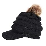  IBLUELOVER Gorro de Lana para Mujer Gorro Plano Sombrero Visera Gorros de Invierno Sombreros con pompón Grande Piel Gruesa Boina Gruesa para Viajes Motocicleta Esquí Bicicleta (Negro)