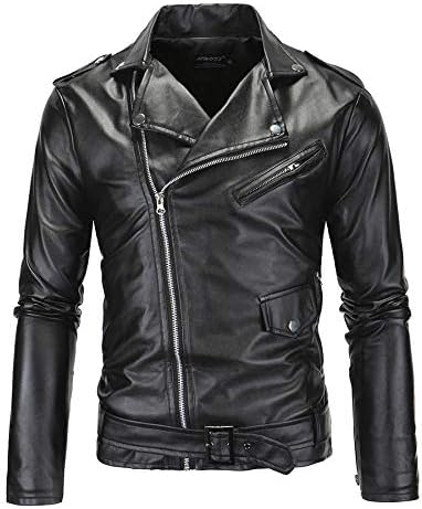 New Mens Causal Belted Design Slim Pu Leather Biker Zipper Jacket Coat (US L=XL) Black
