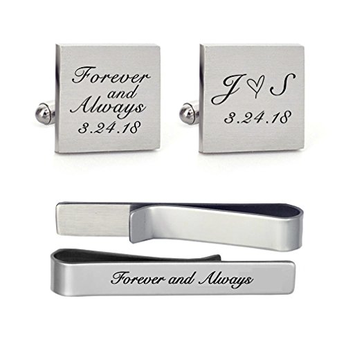 MUEEU Wedding Cufflink Engraved Forever & Always Custom Date Round Square Groom Tie Clip Tack (Groom Square Cufflinks and 1 Tie Clip)