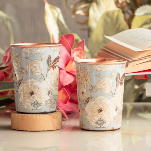 Image of INDIAN ART VILLA Copper Gold Print Design Glass - 275 ML, Ayurvedic Copper Drinkware for Daily Use, Elegant Handcrafted Water Glass for Home, Office, and Gifting, Set of 2