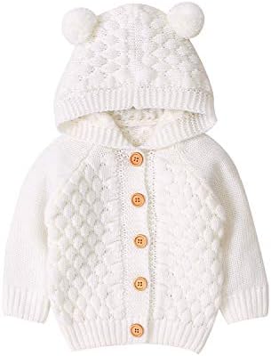 Newborn Baby Girls Boys Knit Cardigan Hooded Sweater, Infant Button-Down Cotton Outfits, Unisex Baby Basic Clothes (White, 6-9 Months)