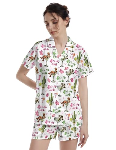 Image of Funny Satin Pajamas Set for Women Button Down Sleepwear Print Pjs Set 2 Piece Short Sleeve Loungewear Gift for Women