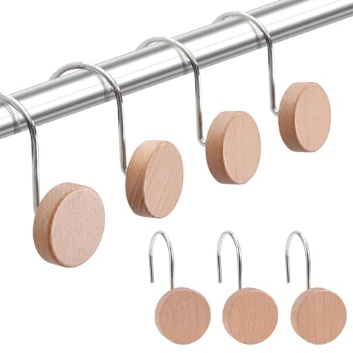 Wood Shower Curtain Hooks Rust Proof, Boho Shower Curtain Hooks Decorative, 12 Pack Shower Hooks for Shower Curtain, Shower Curtain Hangers Hooks (Wood,12)