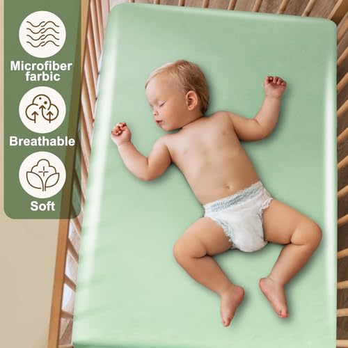 Image of Hahafelt 2 Pcs Satin Soft Crib Sheets Silky Baby Mattress Sheet 52''x28''x8'' Crib Sheets for Baby with Sensitive Hair Boys and Girls Newborn Infant Unisex Fitted Sheet(Sage Green, Beige)